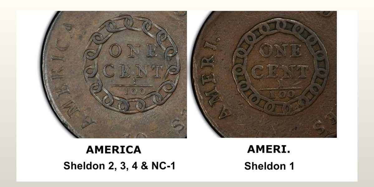 1793 Chain Cent Reverse Varieties: AMERICA vs. AMERI.